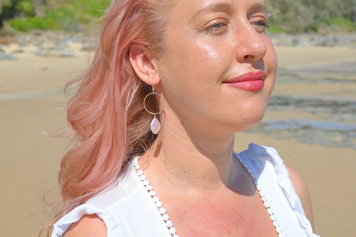 Golden Tear Drop Pearl Hoop Earrings