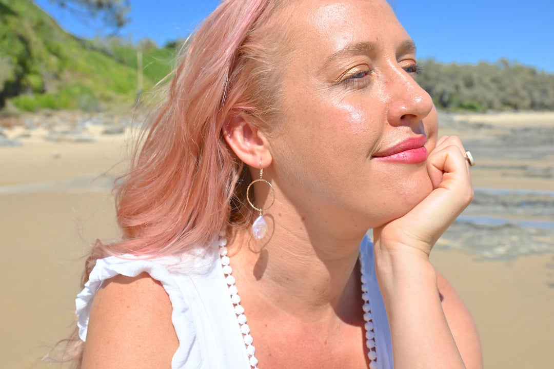 Golden Tear Drop Pearl Hoop Earrings