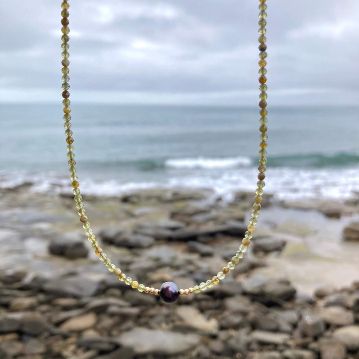 One Of A Kind Green Garnet & Black Pearl Gold Necklace