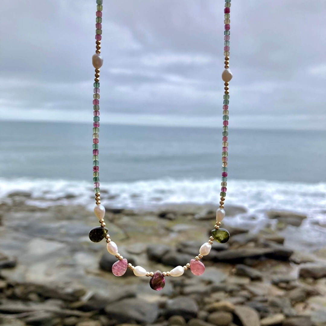 One Of A Kind Tourmaline & Pearl Gold Necklace