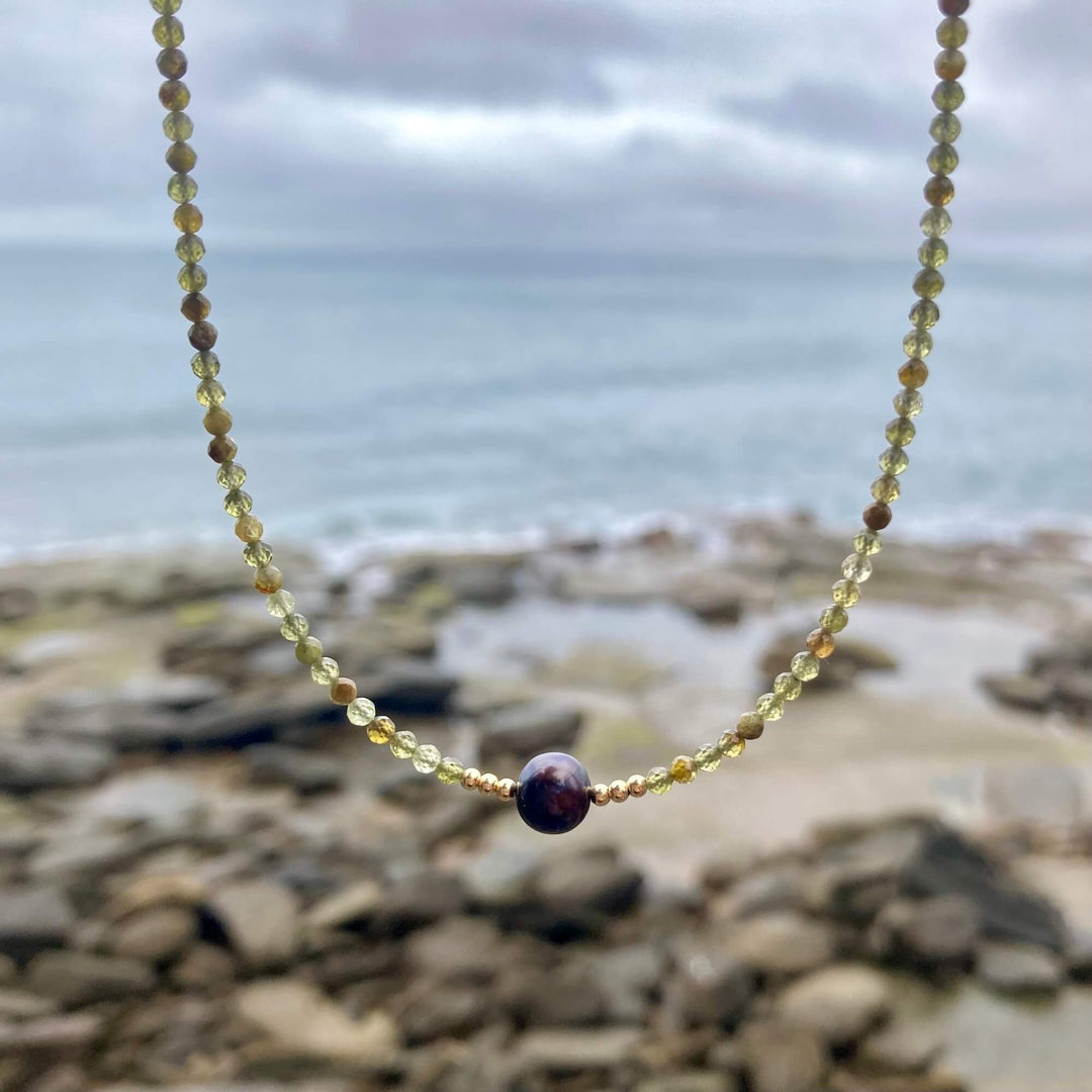 One Of A Kind Green Garnet & Black Pearl Gold Necklace