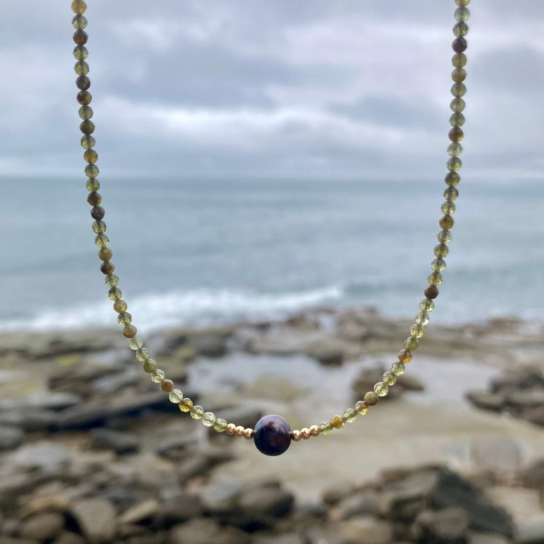 One Of A Kind Green Garnet & Black Pearl Gold Necklace