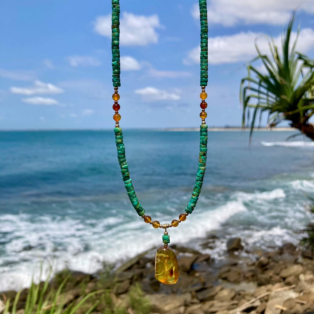 African Turquoise & Amber Gold Pendant Necklace