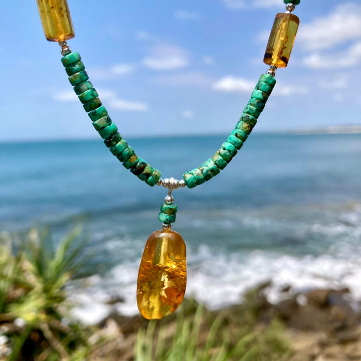African Turquoise & Amber Pendant Necklace