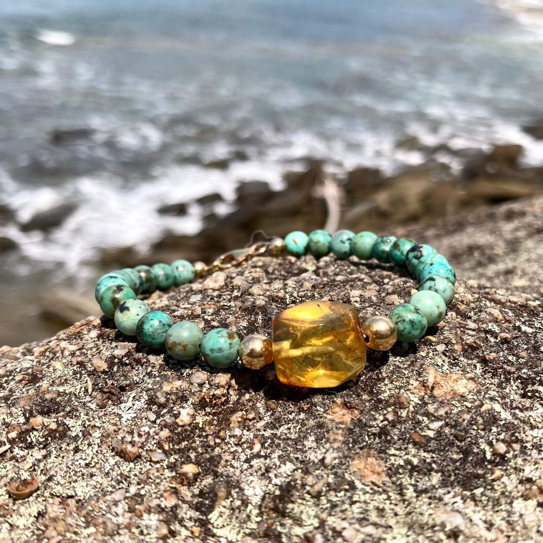 African Turquoise & Amber Gold Bracelet