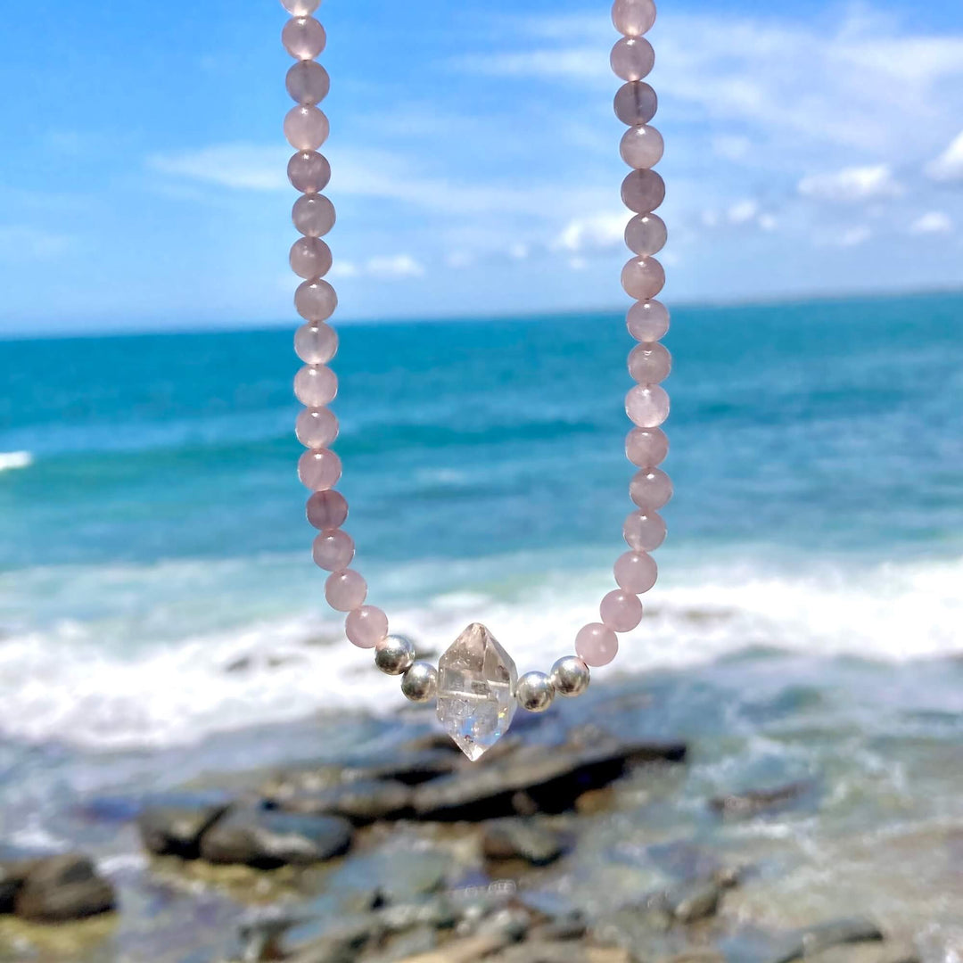 Rose Quartz and Herkimer Diamond Heart Purpose One Of A Kind Necklace