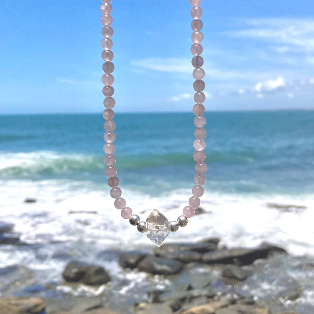 Rose Quartz and Herkimer Diamond Heart Purpose One Of A Kind Necklace