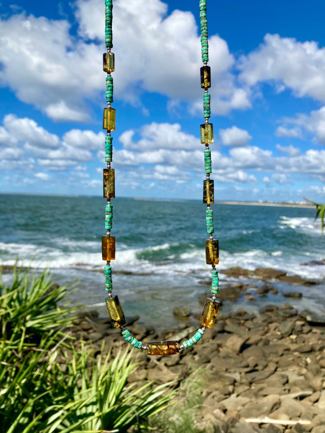 African Turquoise & Amber Long Necklace