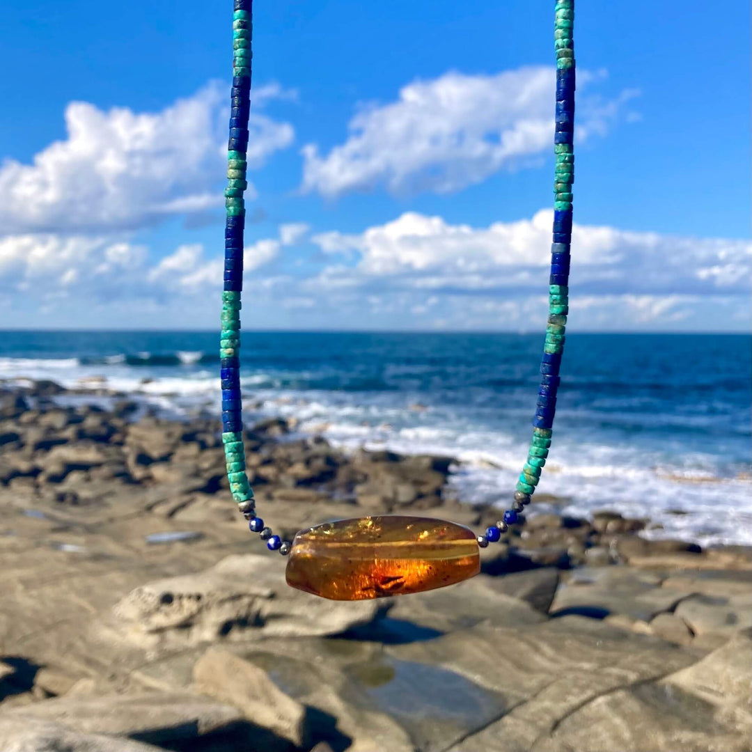African Turquoise, Amber & Lapis Lazuli Necklace