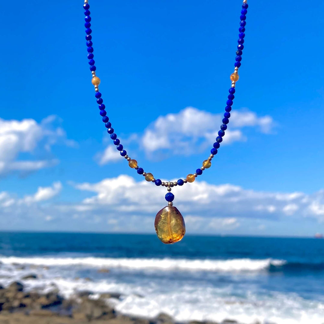 Amber & Lapis Lazuli Gold Necklace