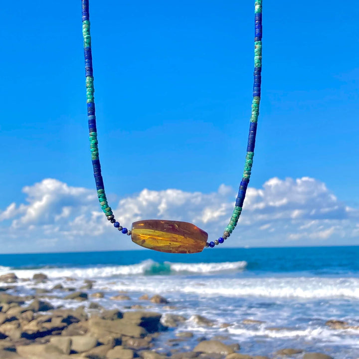 African Turquoise, Amber & Lapis Lazuli Necklace