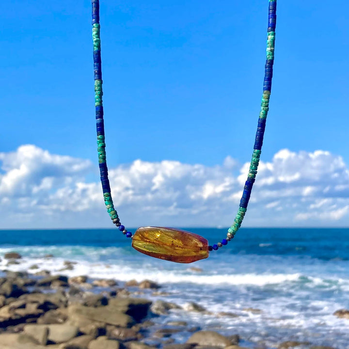 African Turquoise, Amber & Lapis Lazuli Necklace
