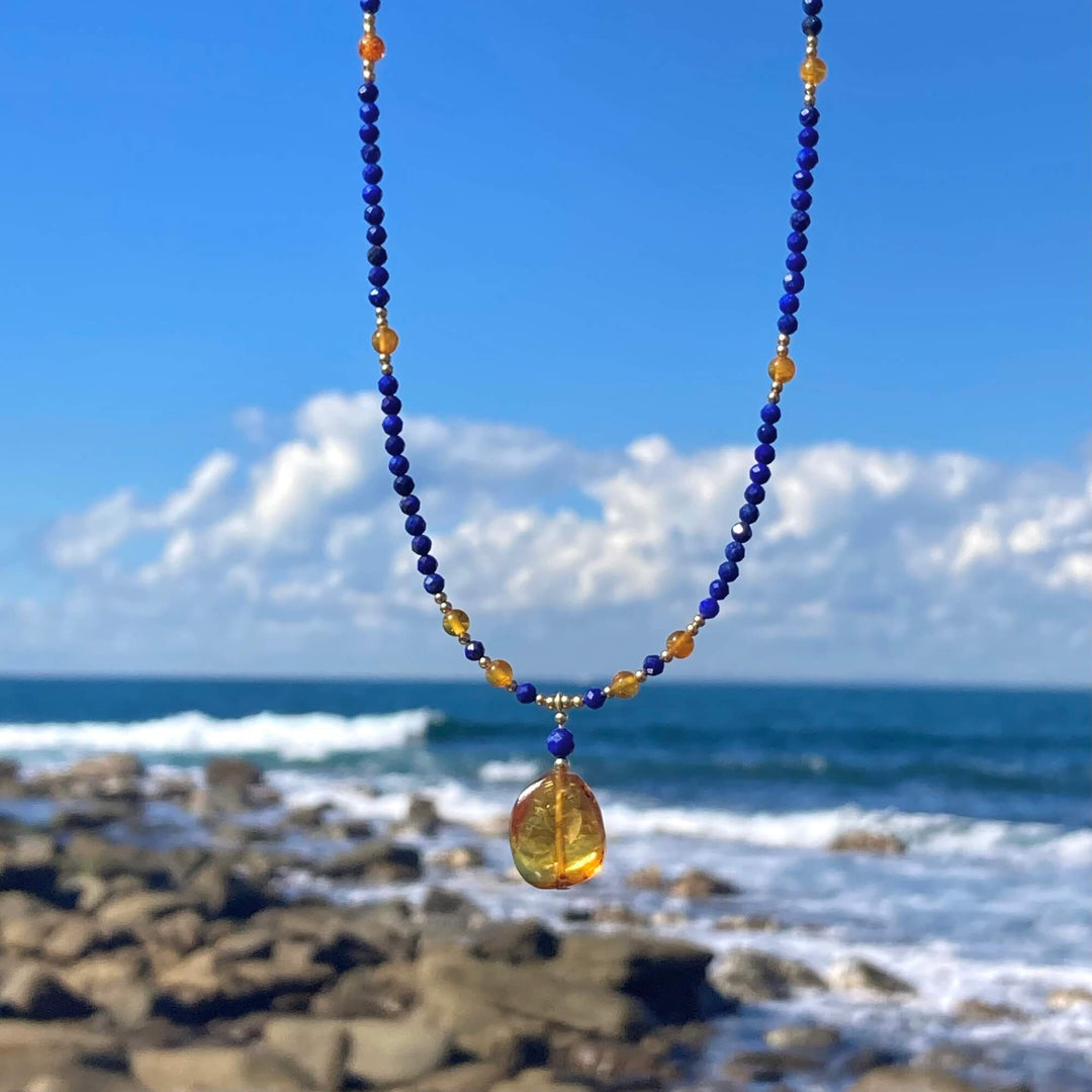 Amber & Lapis Lazuli Gold Necklace