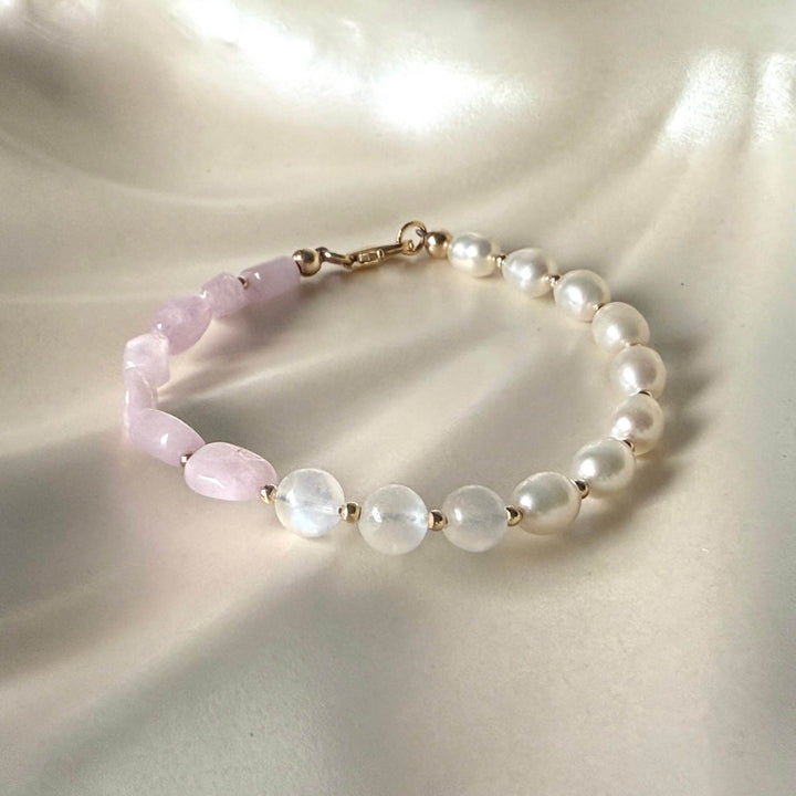 One Of A Kind Kunzite, Moonstone & Pearl Gold Bracelet