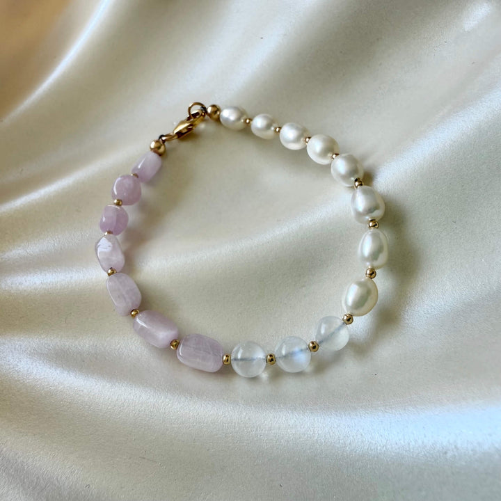 One Of A Kind Kunzite, Moonstone & Pearl Gold Bracelet