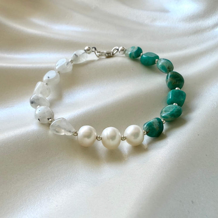 One Of A Kind Amazonite, Moonstone & Pearl Bracelet