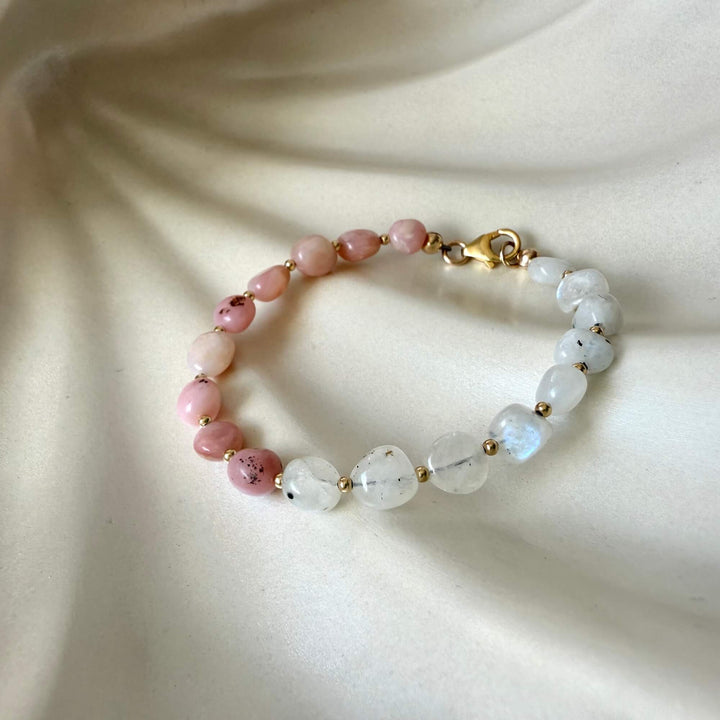 One Of A Kind Moonstone & Pink Opal Gold Bracelet