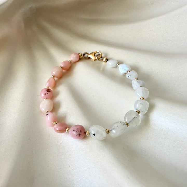 One Of A Kind Moonstone & Pink Opal Gold Bracelet