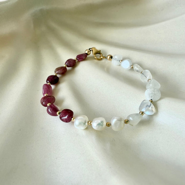 One Of A Kind Moonstone, Pearl & Pink Tourmaline Gold Bracelet
