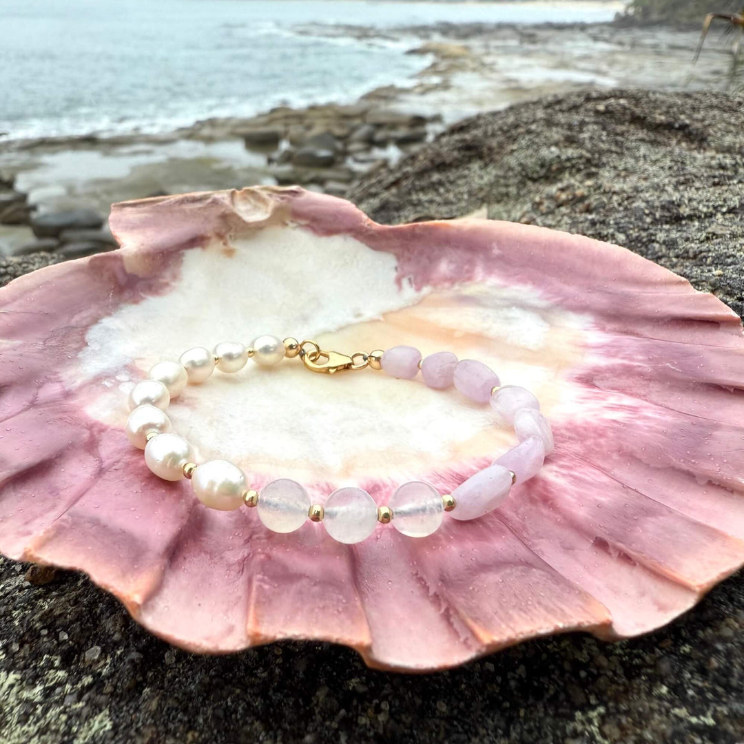 One Of A Kind Kunzite, Moonstone & Pearl Gold Bracelet