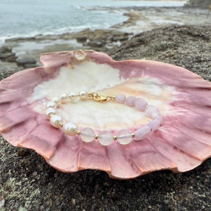 One Of A Kind Kunzite, Moonstone & Pearl Gold Bracelet