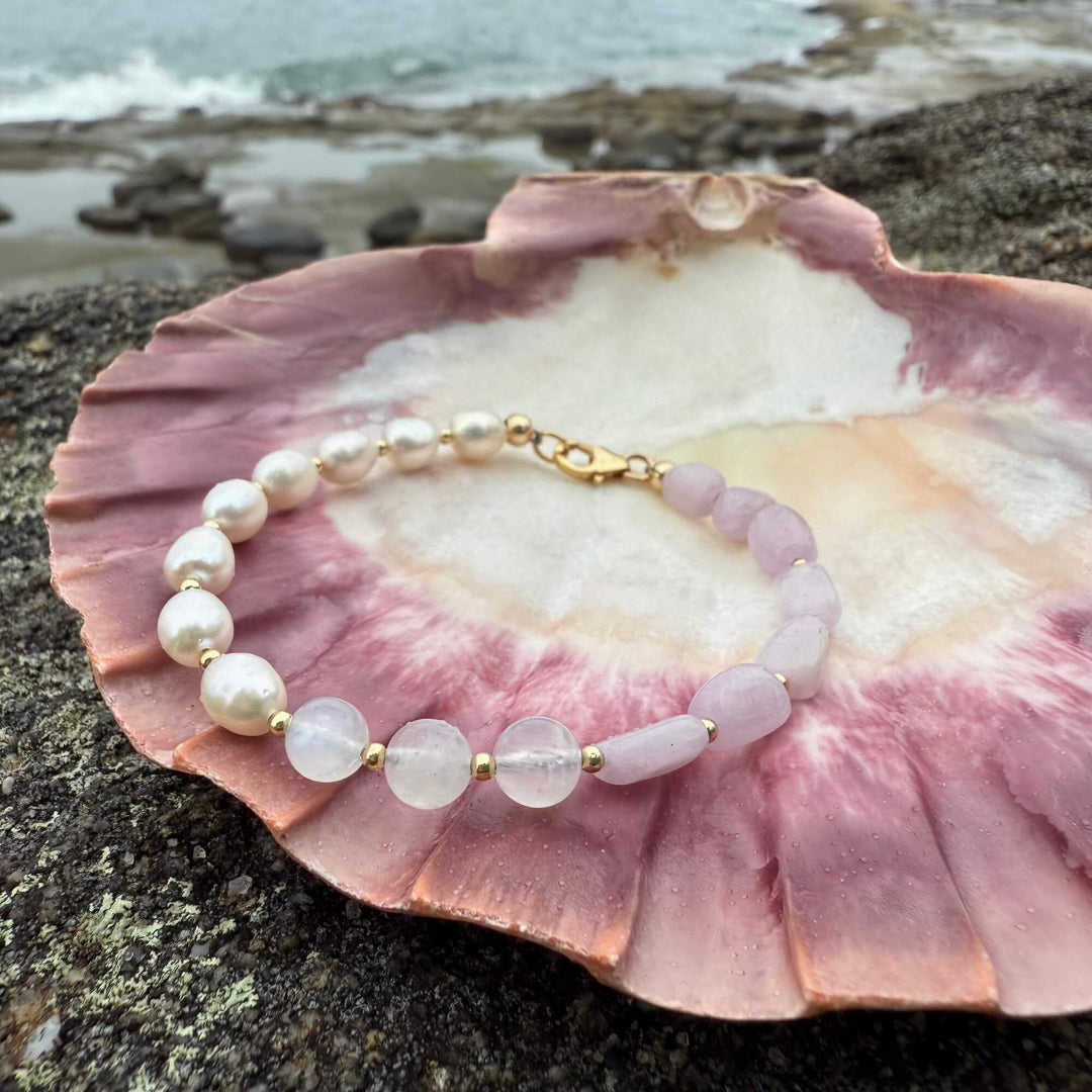 One Of A Kind Kunzite, Moonstone & Pearl Gold Bracelet