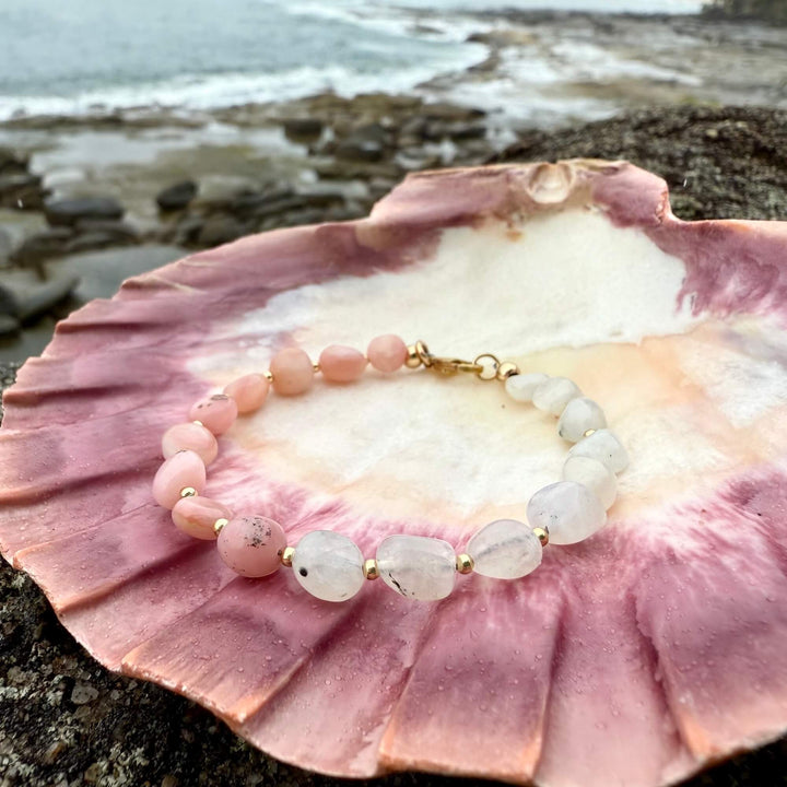 One Of A Kind Moonstone & Pink Opal Gold Bracelet
