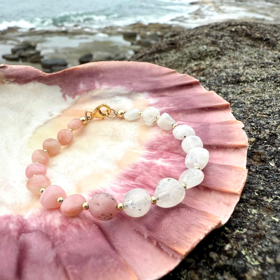One Of A Kind Moonstone & Pink Opal Gold Bracelet