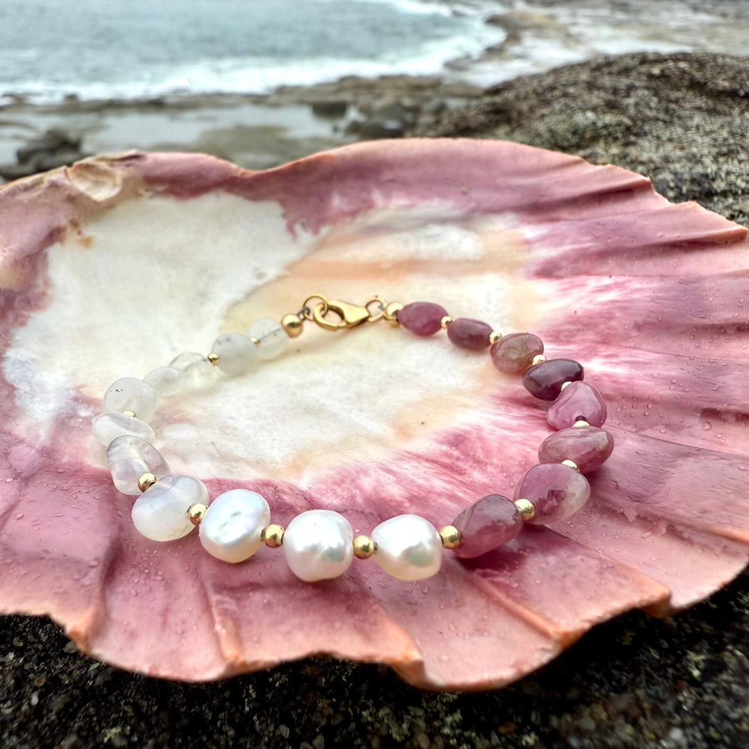 One Of A Kind Moonstone, Pearl & Pink Tourmaline Gold Bracelet