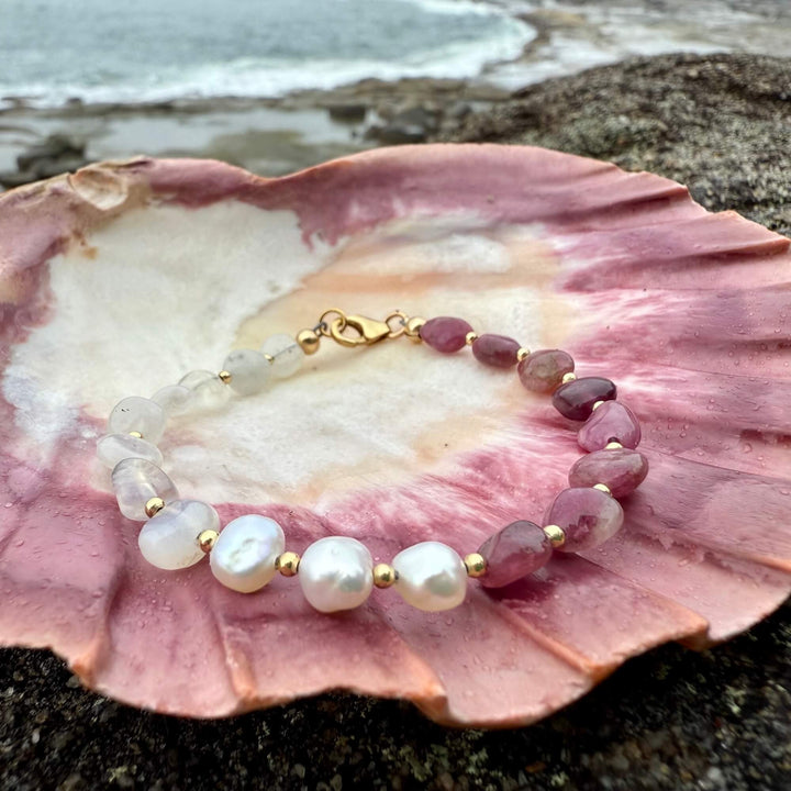 One Of A Kind Moonstone, Pearl & Pink Tourmaline Gold Bracelet