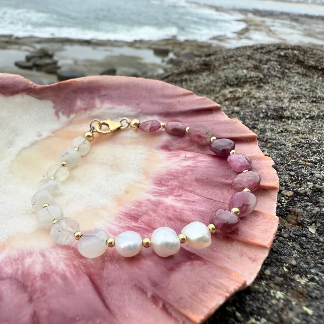 One Of A Kind Moonstone, Pearl & Pink Tourmaline Gold Bracelet