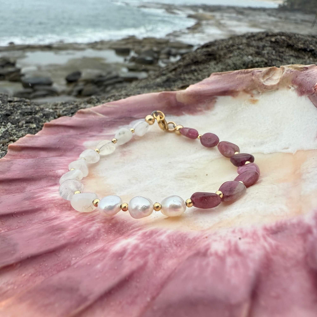 One Of A Kind Moonstone, Pearl & Pink Tourmaline Gold Bracelet