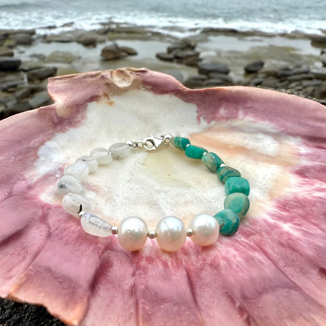 One Of A Kind Amazonite, Moonstone & Pearl Bracelet