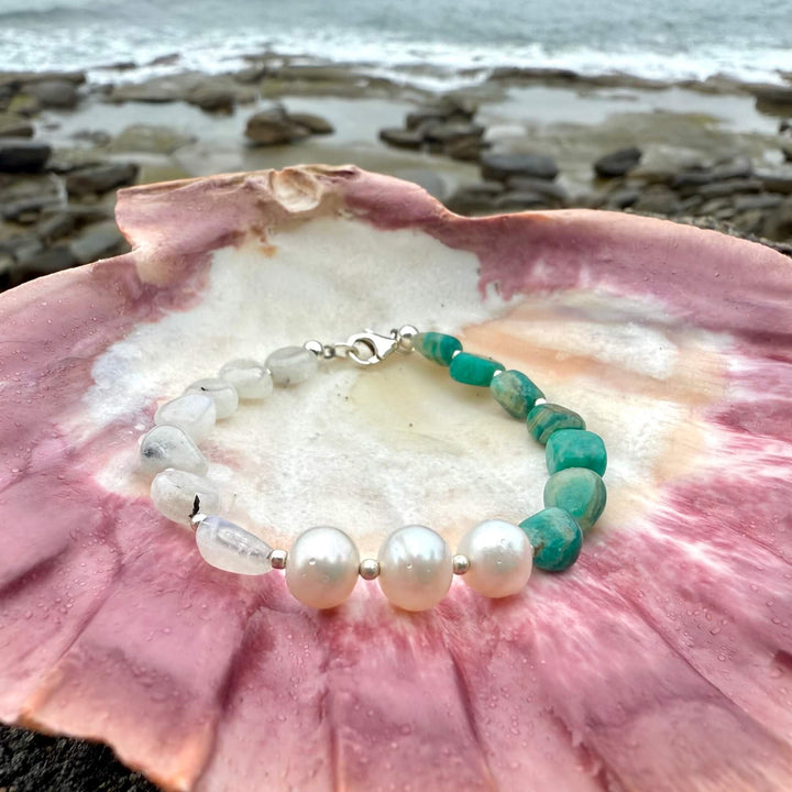 One Of A Kind Amazonite, Moonstone & Pearl Bracelet