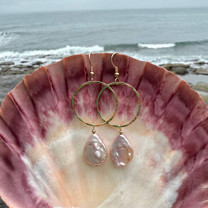 Golden Tear Drop Pearl Hoop Earrings