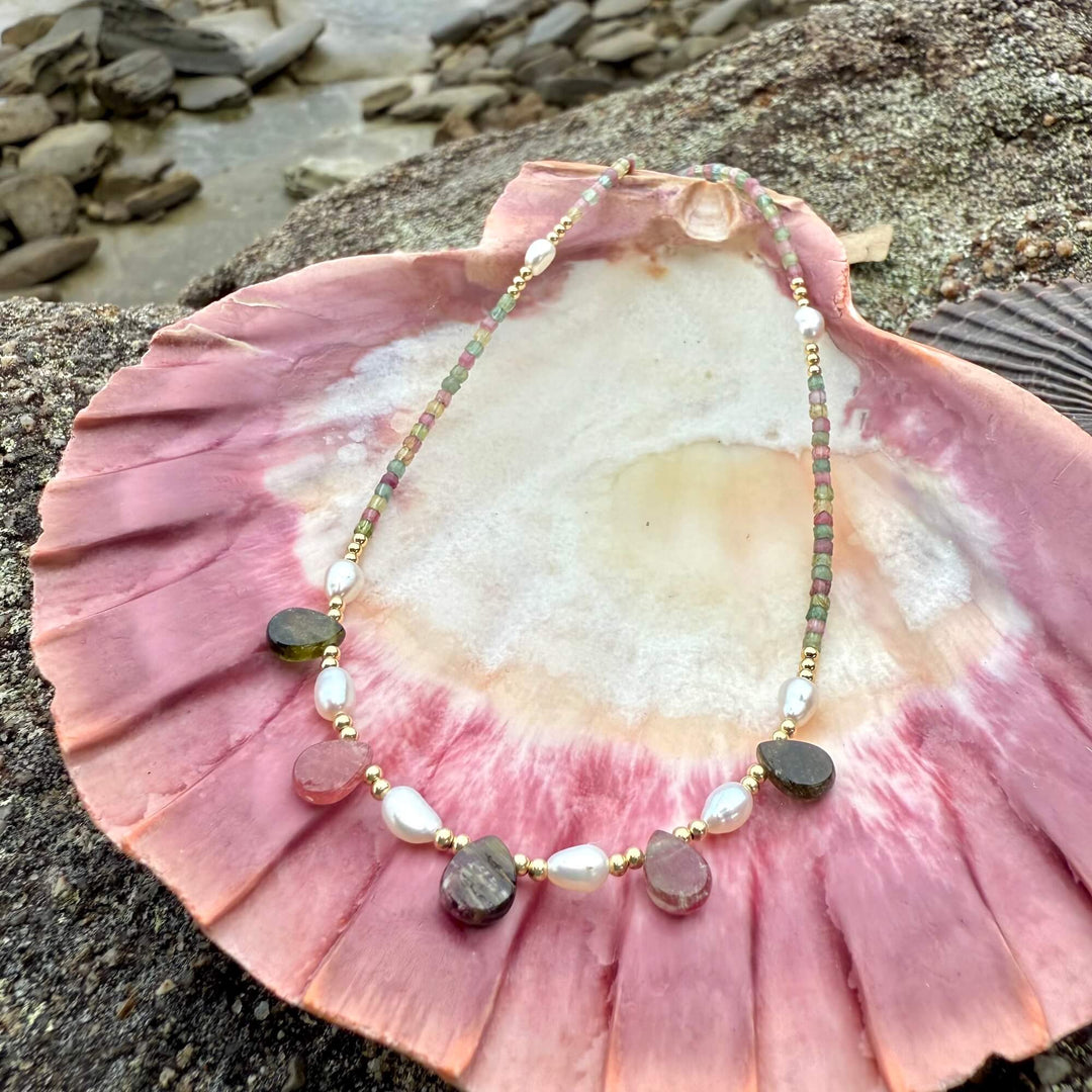 One Of A Kind Tourmaline & Pearl Gold Necklace