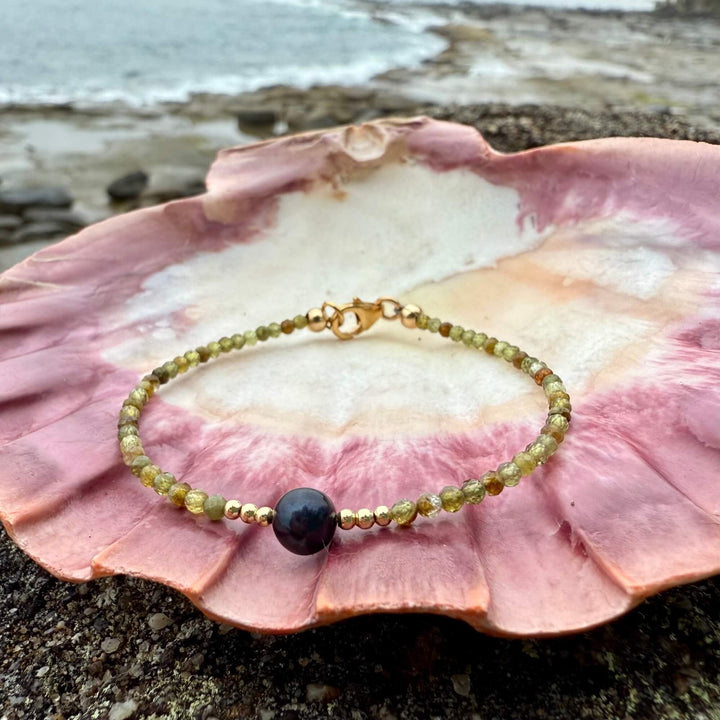 One Of A Kind Green Garnet & Black Pearl Gold Bracelet