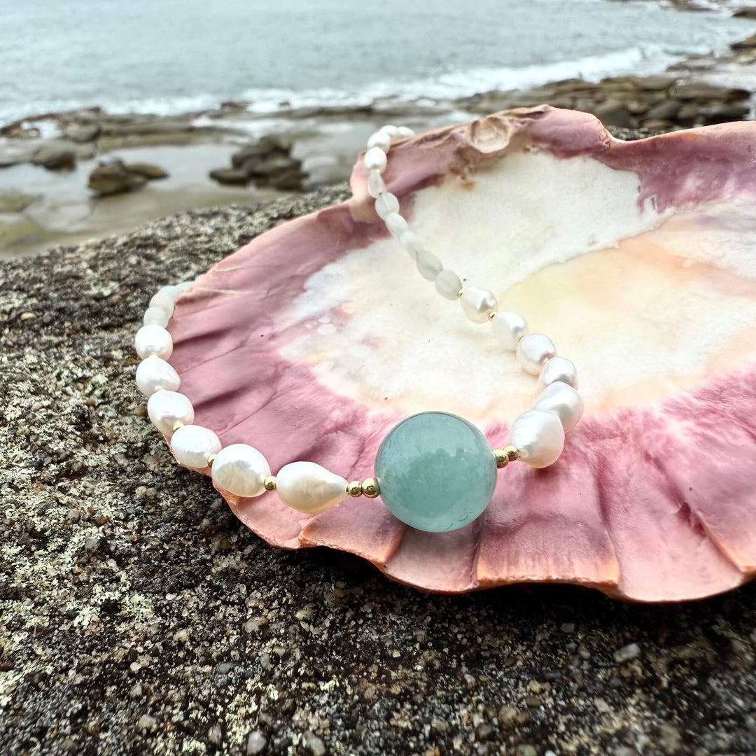 Lemurian Dreaming Aquamarine, Moonstone & Pearl Gold Necklace