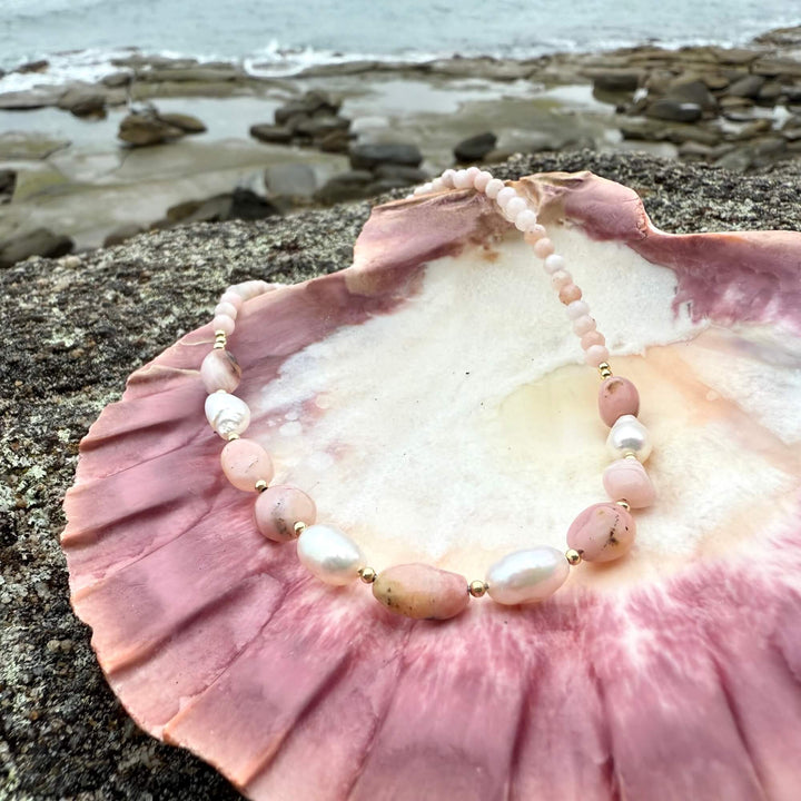 One Of A Kind Pink Opal & Pearl Gold Necklace