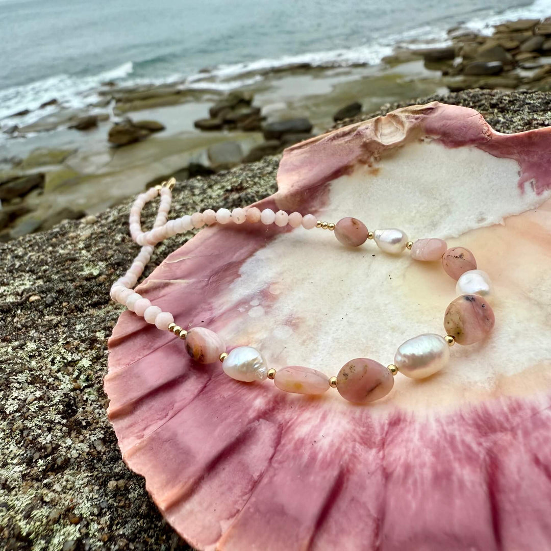 One Of A Kind Pink Opal & Pearl Gold Necklace