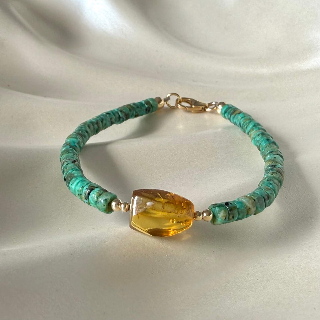African Turquoise & Amber Gold Bracelet