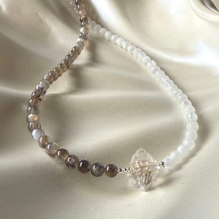 Duality Herkimer, Black Moonstone & Moonstone Necklace