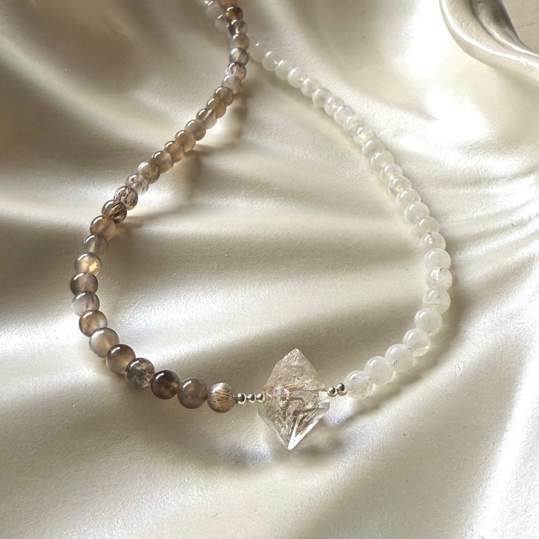 Duality Herkimer, Black Moonstone & Moonstone Necklace