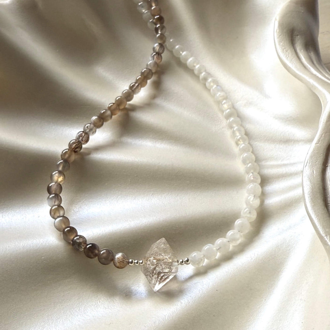 Duality Herkimer, Black Moonstone & Moonstone Necklace