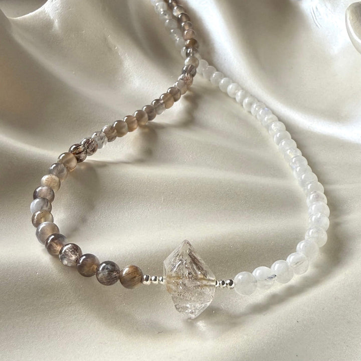 Duality Herkimer, Black Moonstone & Moonstone Necklace