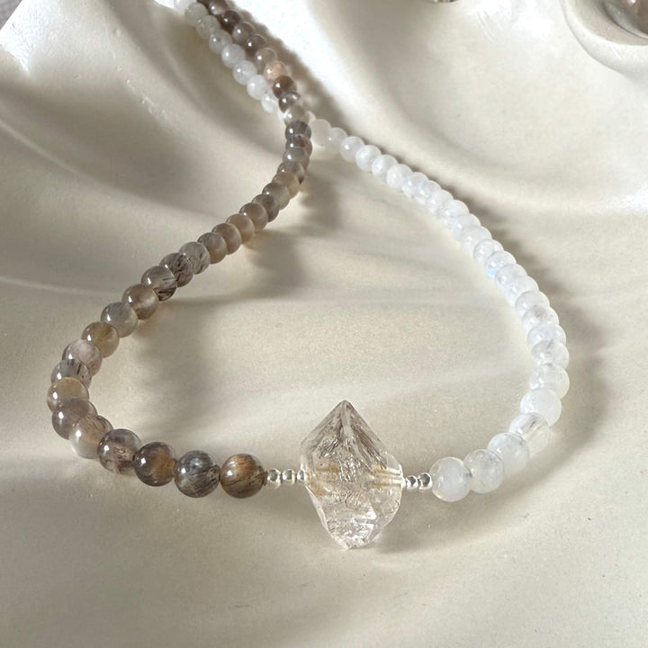 Duality Herkimer, Black Moonstone & Moonstone Necklace