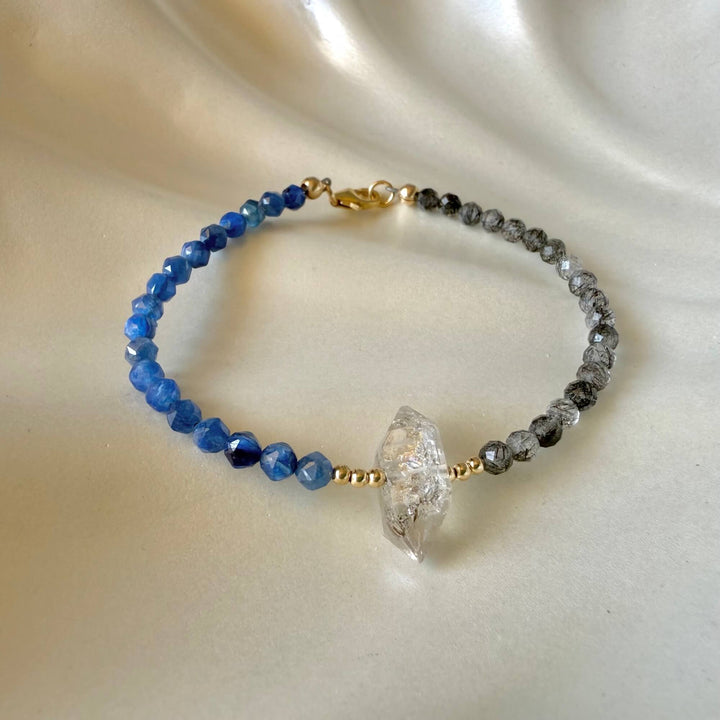 Herkimer Diamond, Kyanite and Tourmalinated Quartz Golden Bracelet