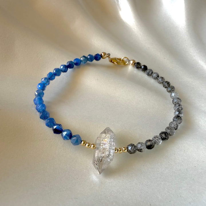 Herkimer Diamond, Kyanite and Tourmalinated Quartz Golden Bracelet