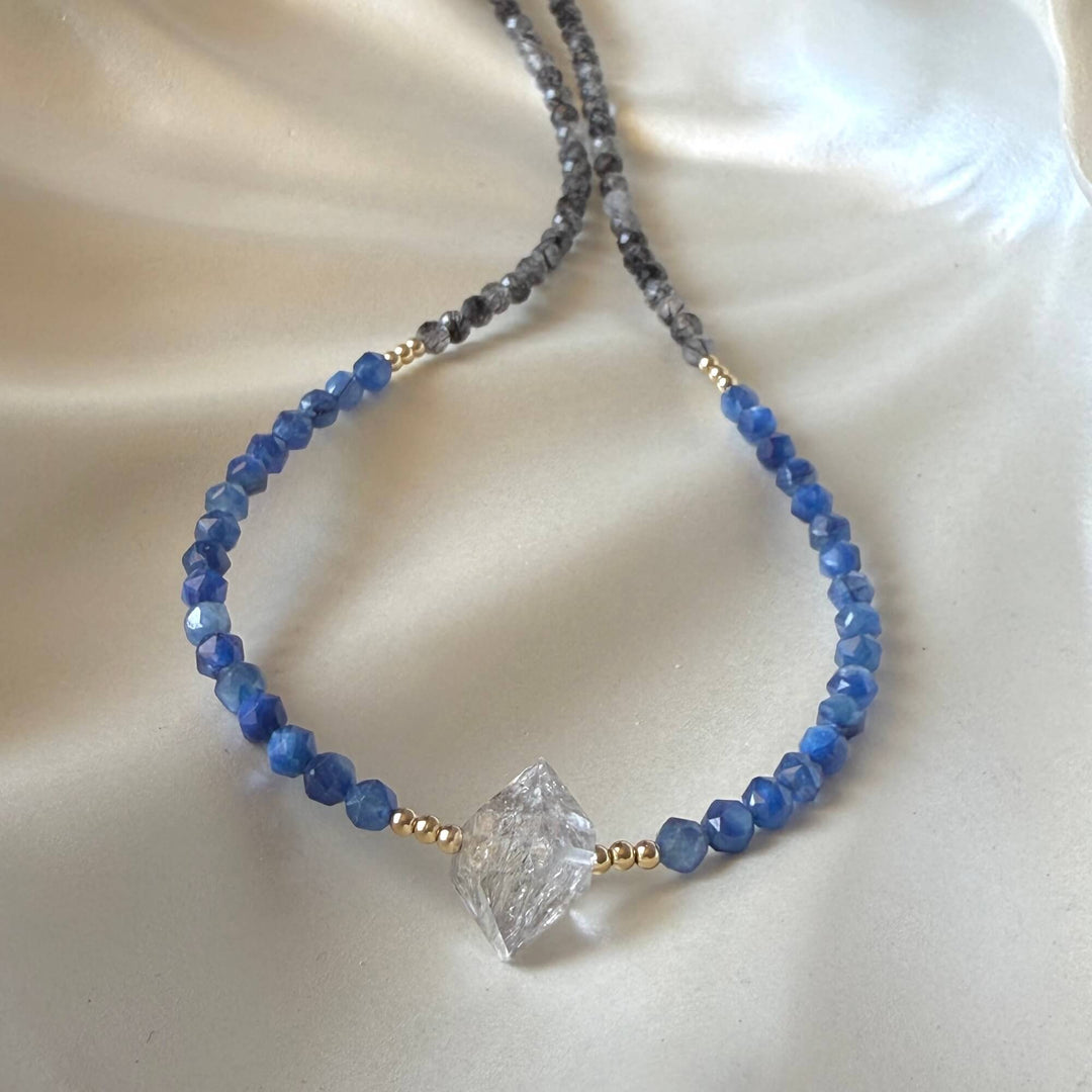Herkimer Diamond, Kyanite and Tourmalinated Quartz Golden Necklace
