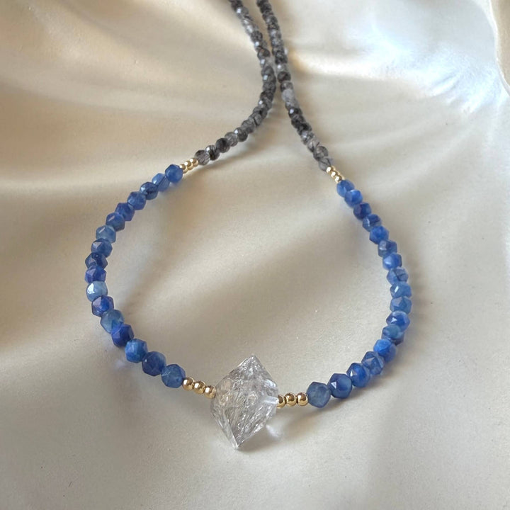 Herkimer Diamond, Kyanite and Tourmalinated Quartz Golden Necklace